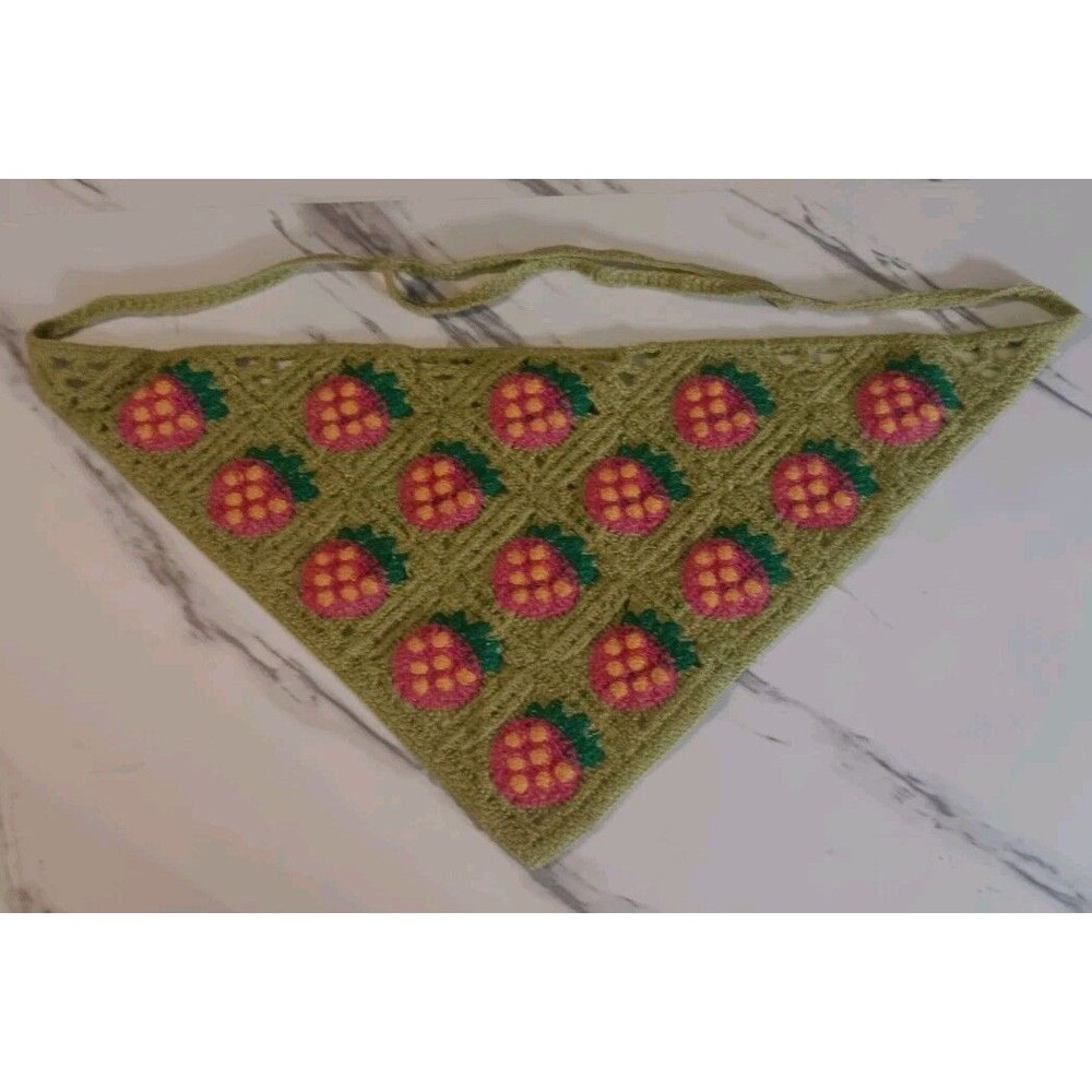Strawberry Patterned Machine Knit Green Hair Bandana Y2K Cottagecore - Picture 2 of 2